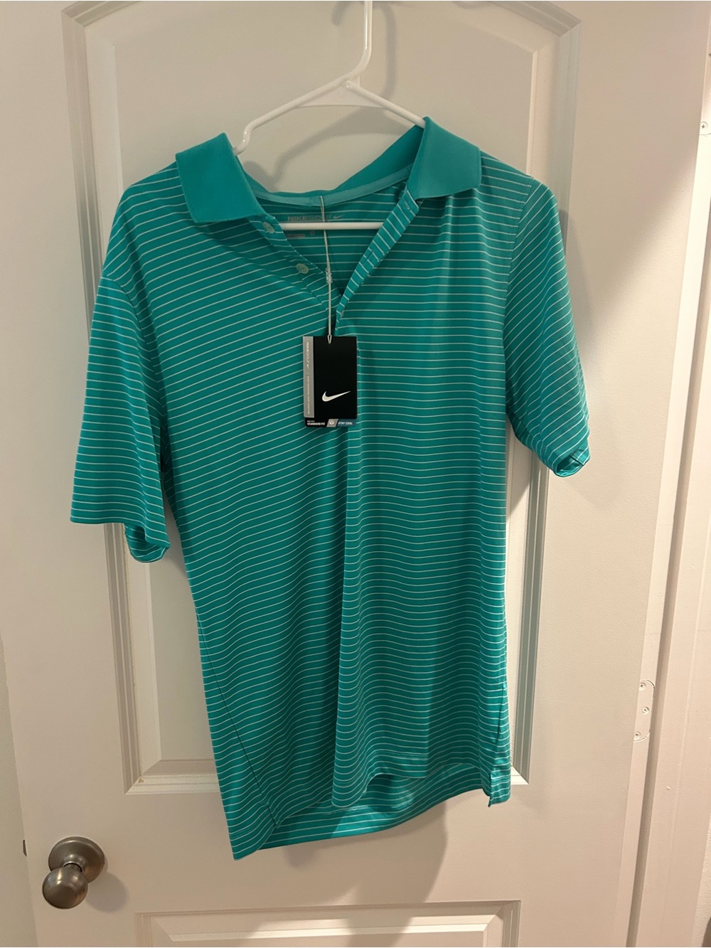 Nike Golf Teal and White Striped Dri-FIT Polo Shell Houston Open
